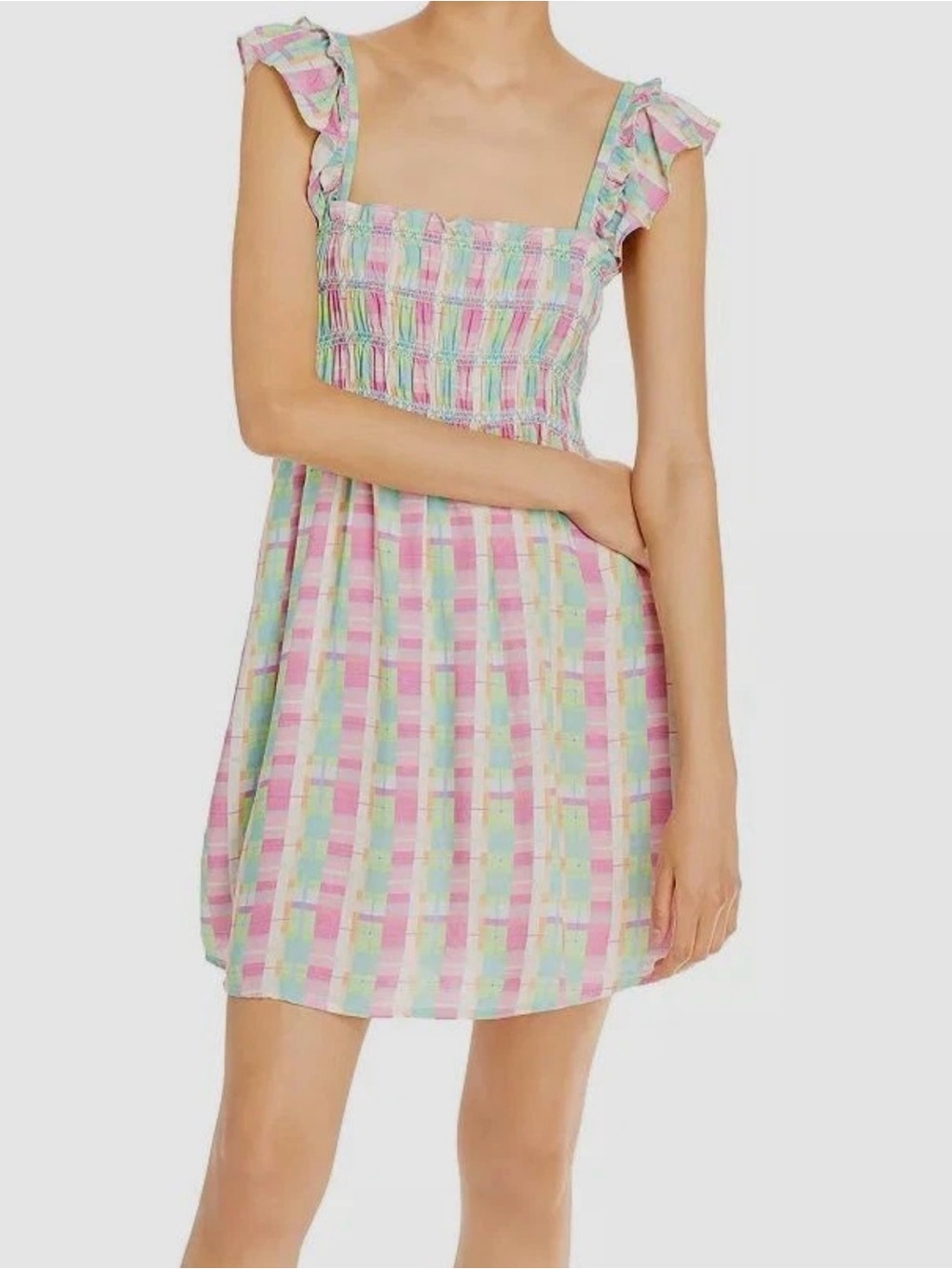 French Connection Bibiana Check Pastel Plaid Mini Dress - Pink & Mint - 12 - Picture 3 of 16